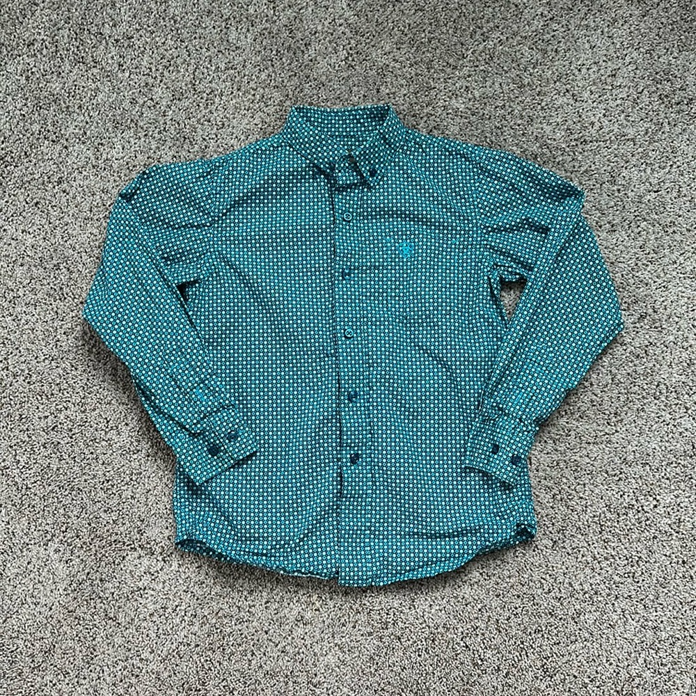 Ariat Teal Button-Down Shirt with White Dot Pattern